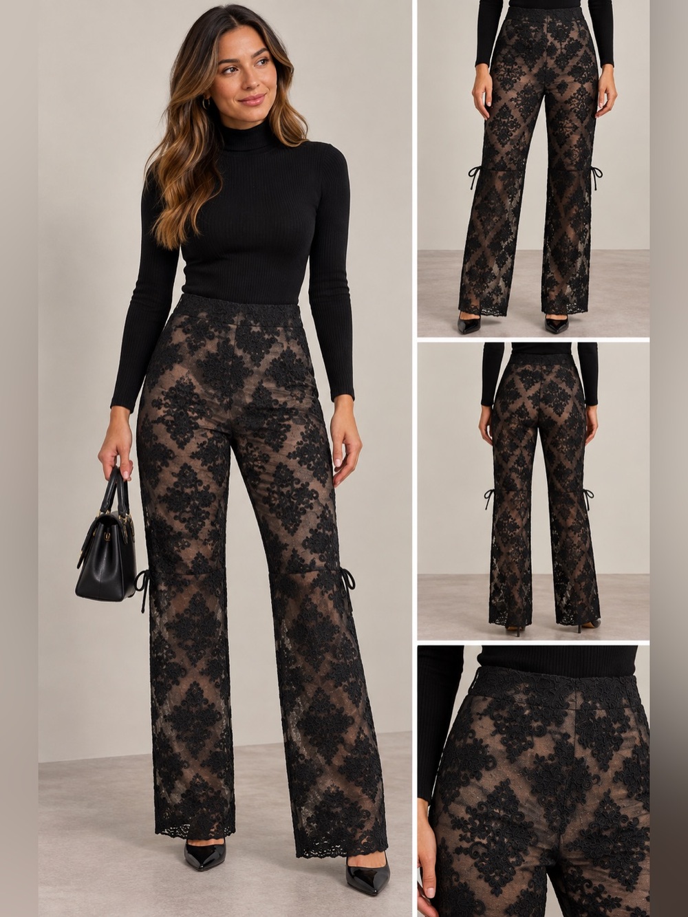 Victor Costa Black Lace-Overlay Wide Leg Pants with Gray Underlay